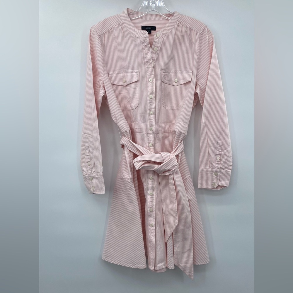 J.Crew Pink White Pin Stripe Long sleeve Shirt Dress bow tie belt size 6p - Picture 4 of 13
